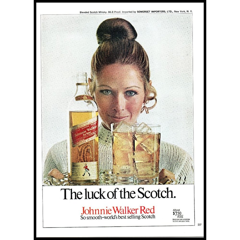 1970 Johnnie Walker Red Label Scotch Vintage Print Ad Smiling Blonde Wall Art